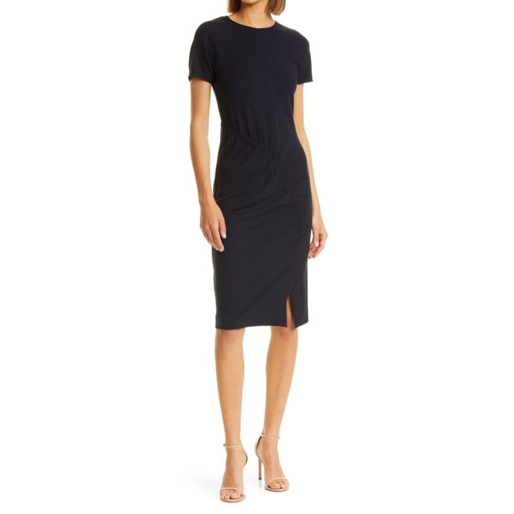 BOSS Womens Navy Curved Seam Cap Sleeve Knee Length Wear To Work Sheath Dress 8